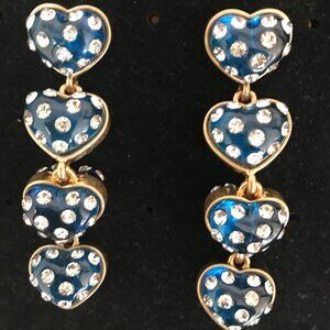 Oscar de la Renta Blue Heart Dangle Earrings Gold Tone Rhinestone Drop Earrings